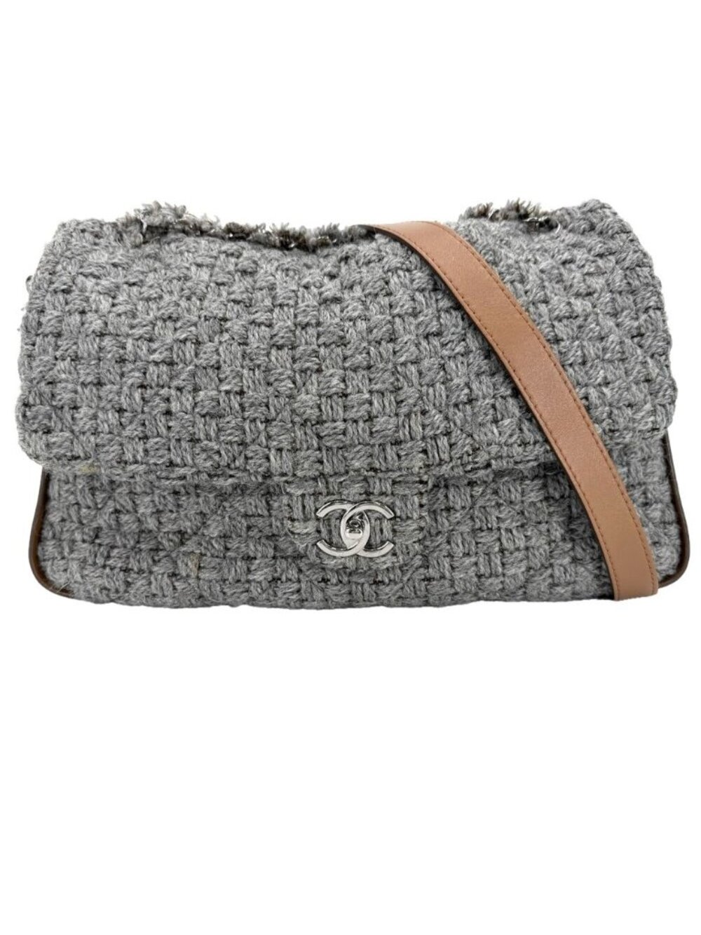 Chanel 2-Way Quilted Shoulder Bag CC Logo Crossbody Wool Leather Gray Silver